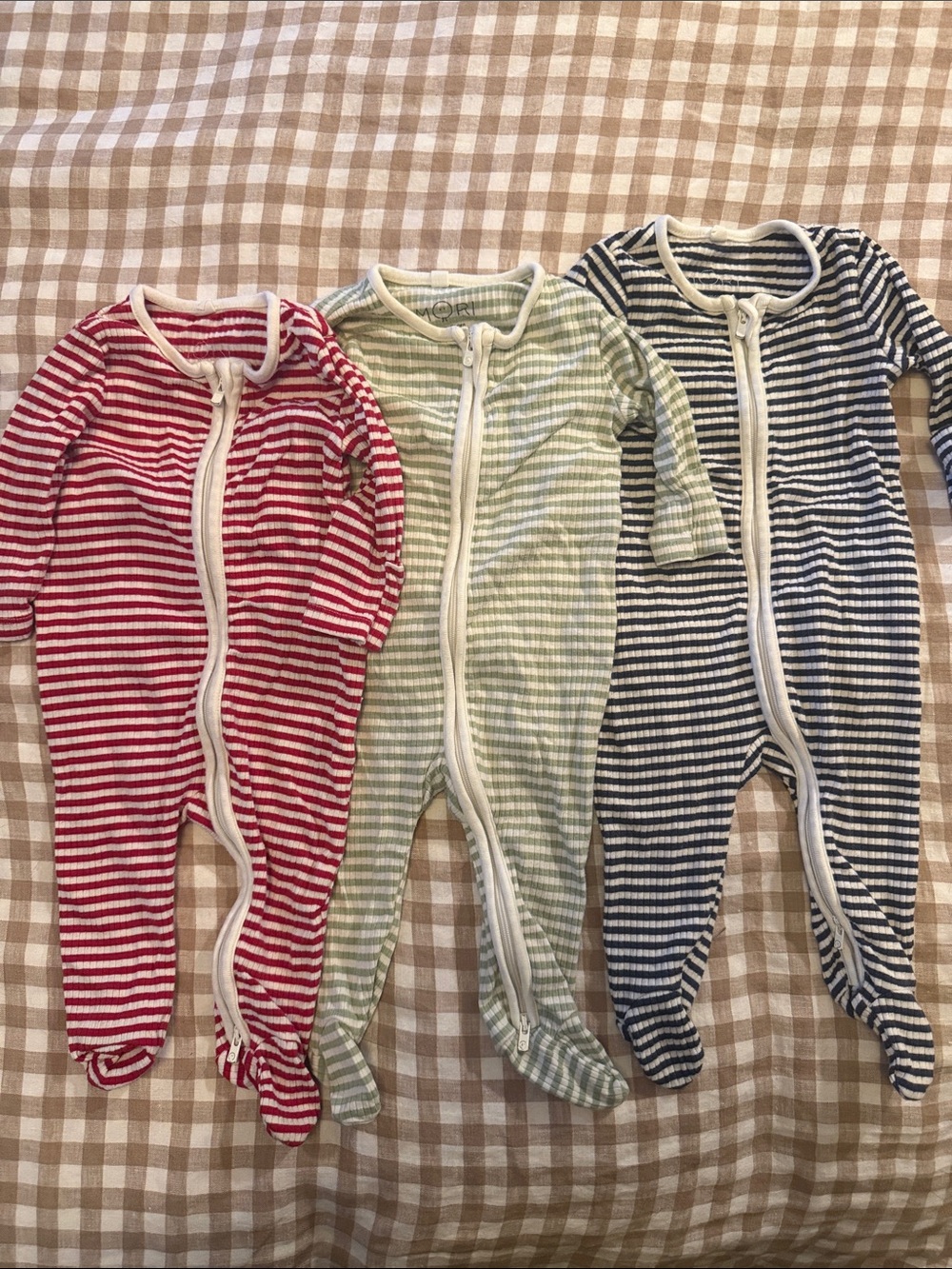 MORI Striped Zip-Front Baby Footie One-Piece - Red, Green, Navy